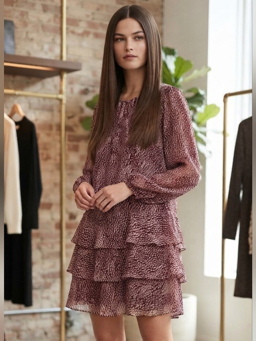 Express Tiered Ruffle Dress Burgandy Gold Mettalic Semi-Sheer Sleeves Large
